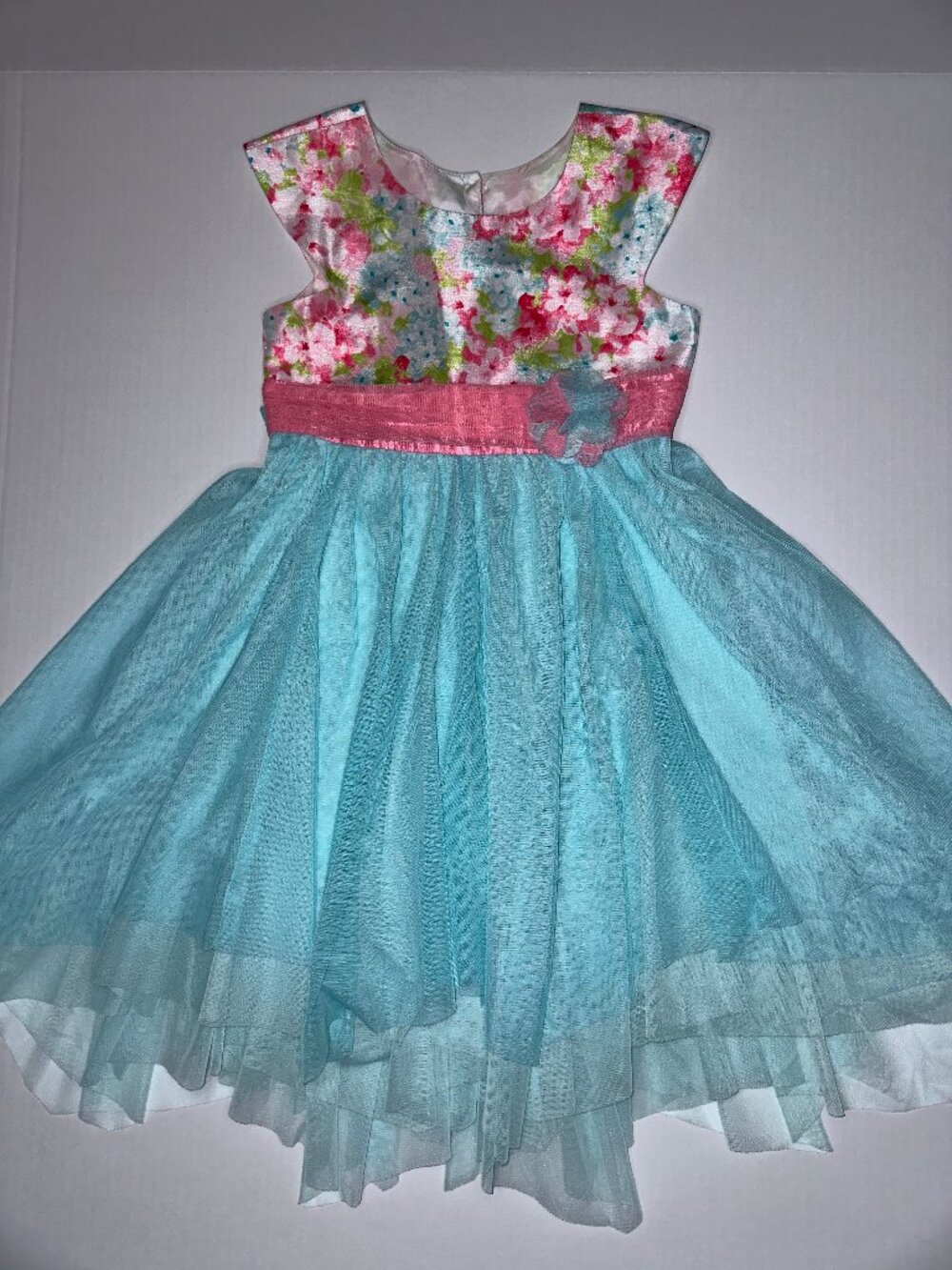 JONA MICHELLE Girls Tulle Aqua w/Pink Dress Size 6 WOW! layers floral